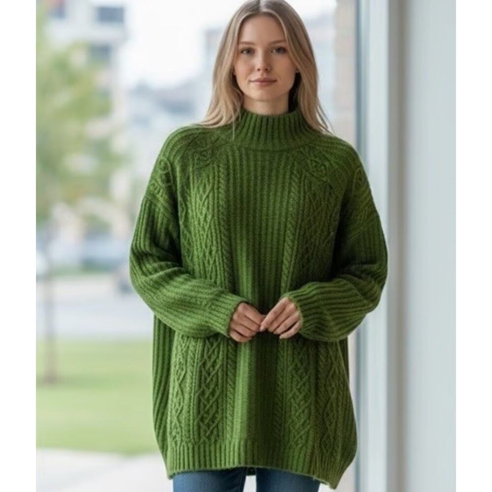 J.Jill Green Cable Knit Sweater Womens Large Mock Neck Oversized Cozy Soft
